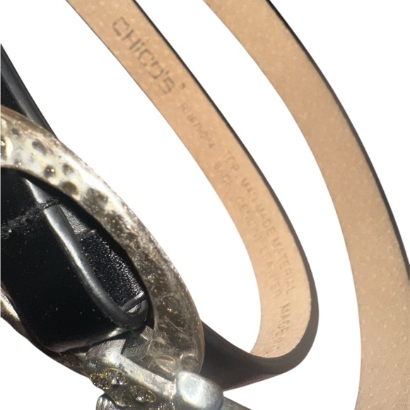 Chico’s Black Leather Belt Silver Rhinestone Buckle Dress Waist Belt